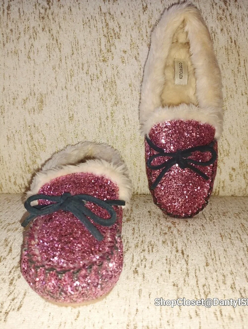 Crewcuts Pink Glitter Faux-Fur Lined Moccasins